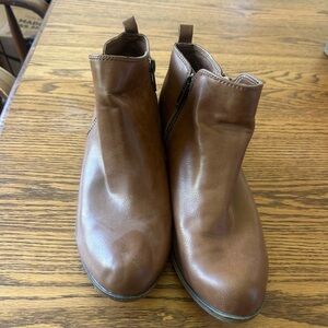 Brown Leather-Look Ankle Boots with Side Zip
